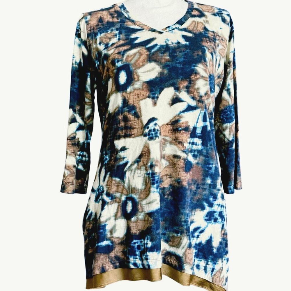 LOGO by Lori Goldstein abstract print blouse top asymmetrical hem satin trim M - Picture 6 of 15